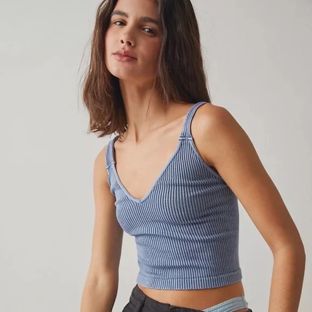 Free People Washed Blue Ribbed Cropped Tank Top - M/L